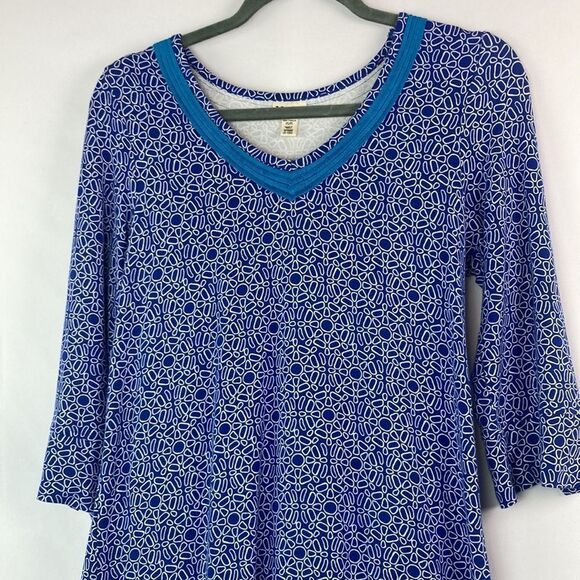 Hatley 3/4 length split sleeve blue and white sun pattern dress with teal Med - Picture 2 of 9